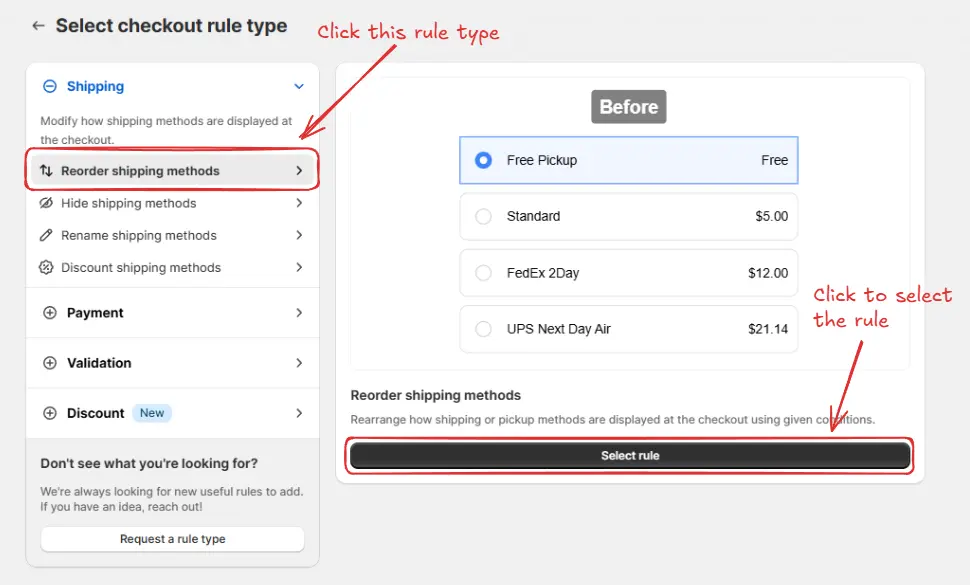 Select hide or reorder rule