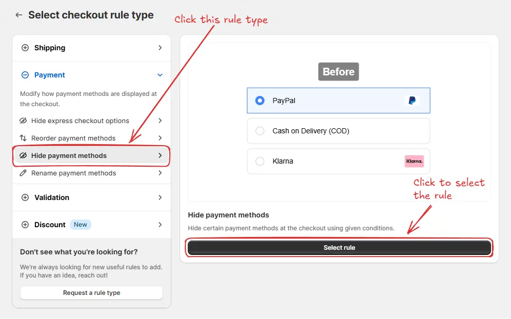 Select rule from checkout rules app