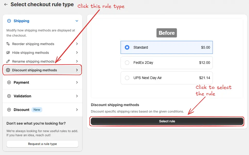 Select rule for discount shipping methods