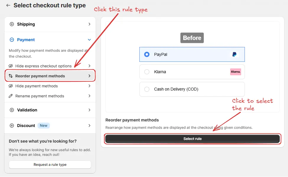 Select rule from checkout rules app