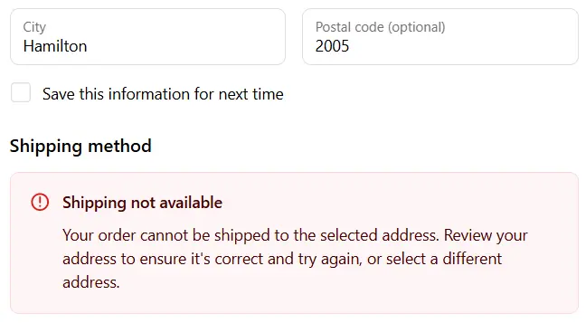 Shipping Not Available Error