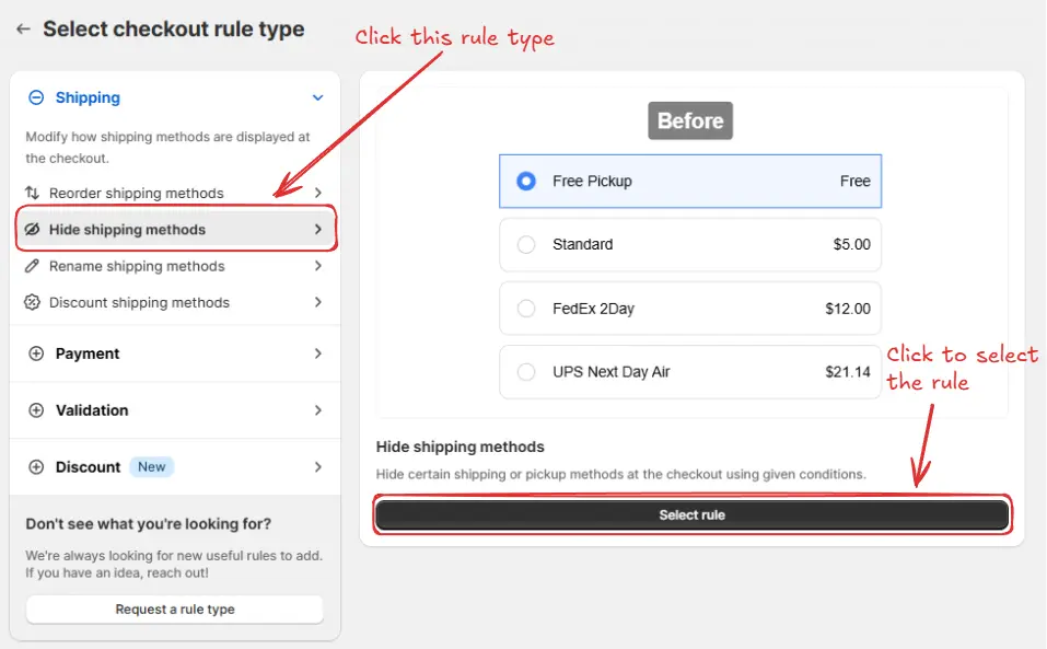 Select rule from checkout rules app