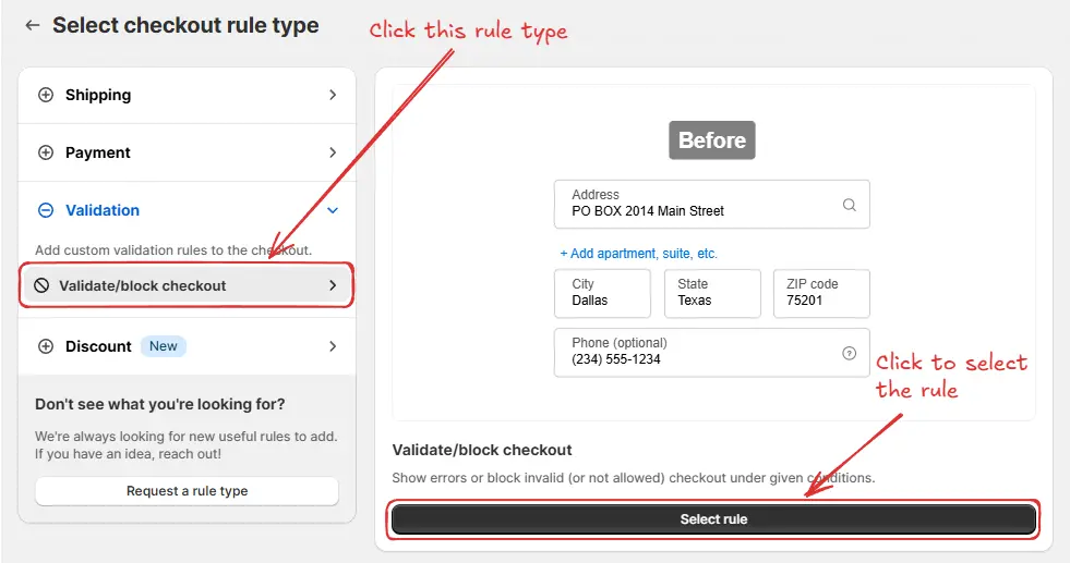 Select rule from checkout rules app